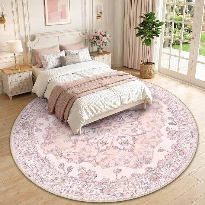 RELEANY Washable Area Rug, Round 10ft, Pink | Non-Slip, Water Repellent, Pet Friendly, Easy to Clean, Vintage Floral Boho Decor for Living Room Bedroom Dining Room