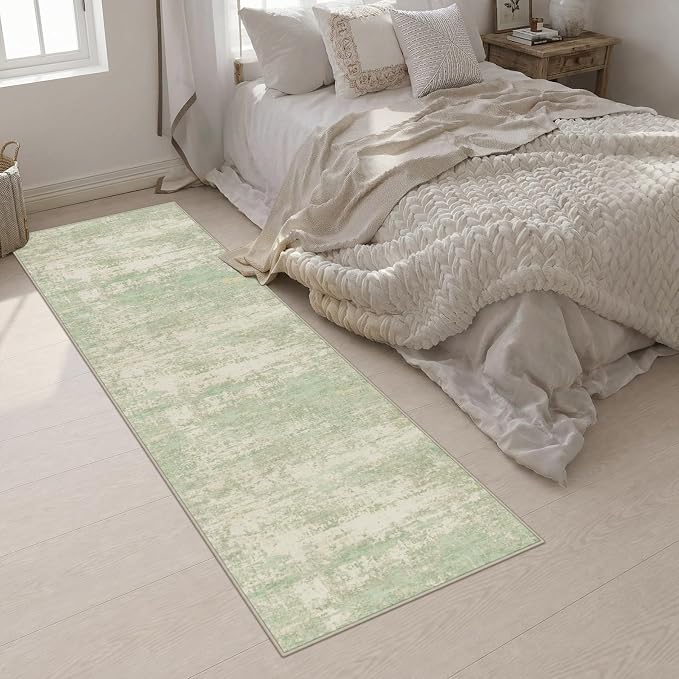 2.6x10 Washable Runner Rug:Modern Abstract Soft Carpet Green Cream | For Hallway, Bedroom, Kitchen, Laundry, Bathroom,Door Mat,Modern Abstract,Machine washable,Non-Slip,Stain Resistant,Indoor