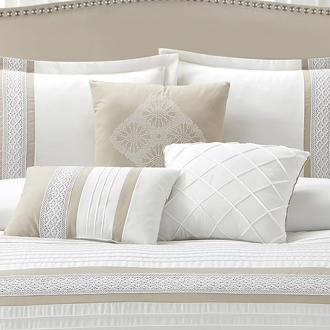 7 Piece Comforter Set, Taupe White, King Size, Boho Style Geometric Microfiber Embroidery, Bed in a Bag with Bedskirt, Pillow Shams and Decor Pillows