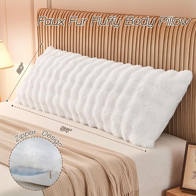 YZ HOME Faux Fur Fluffy Body Pillow for Adults, Soft Support | Firm Body Pillow, Adjustable Support for Side Sleeping, Pregnant Women, Washable cover,Gifts, 20x54 Inch (White)