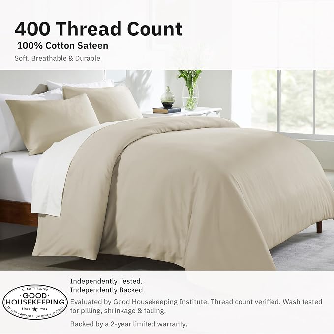 California Design Den Luxury King Duvet Cover Set, Beige | Soft 400 Thread Count 100% Cotton Sateen Backed by GH Seal, Duvet Cover & Pillow Sham 3 Pc Set, Button Closure & Corner Ties