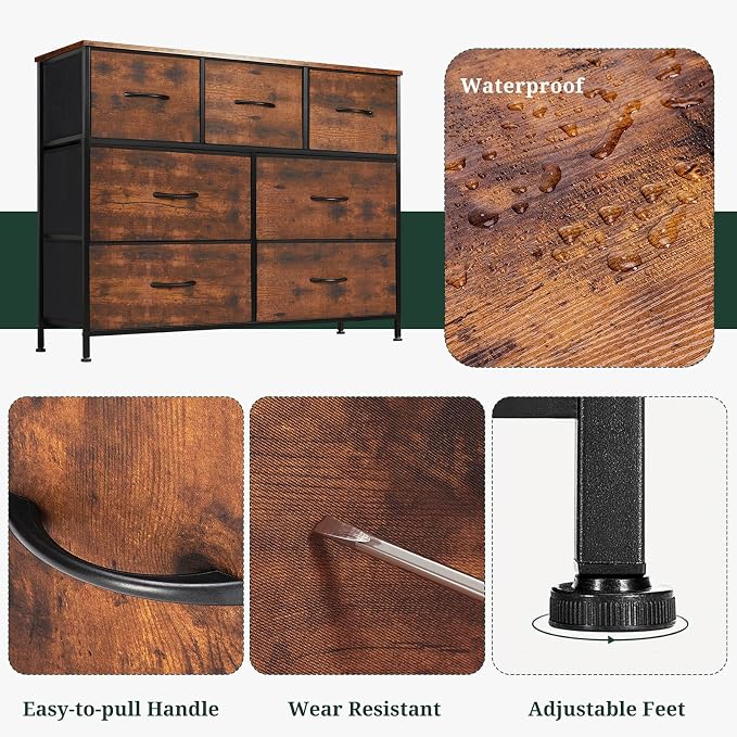 7-Drawer Dresser for Bedroom, Anti-Tip Wide Storage Organizer Fabric | Chest of Drawers TV Stand for 45" TV with Wooden Top and Metal Frame for Closet, Living Room, Hallway, Entryway, Brown