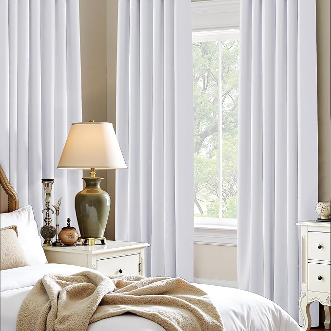 PONY DANCE Short Room Darkening Curtains 48 inch Long for Small Window, Rod Pocket Privacy Bathroom Draperies, Lighting Filtering Drapes for Basement(2 Panels Set, Pure White, W42 x L48 inches)