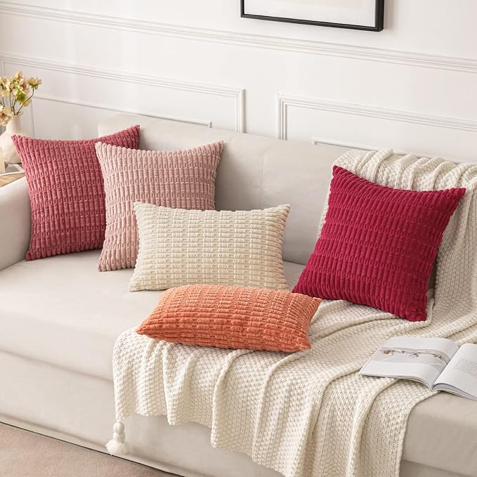 MIULEE Corduroy Decorative Throw Pillow Covers 18x18 Coral Pack of 2 | Soft Boho Striped Pillow Covers Modern Farmhouse Home Decor For Sofa Living Room Couch Bed