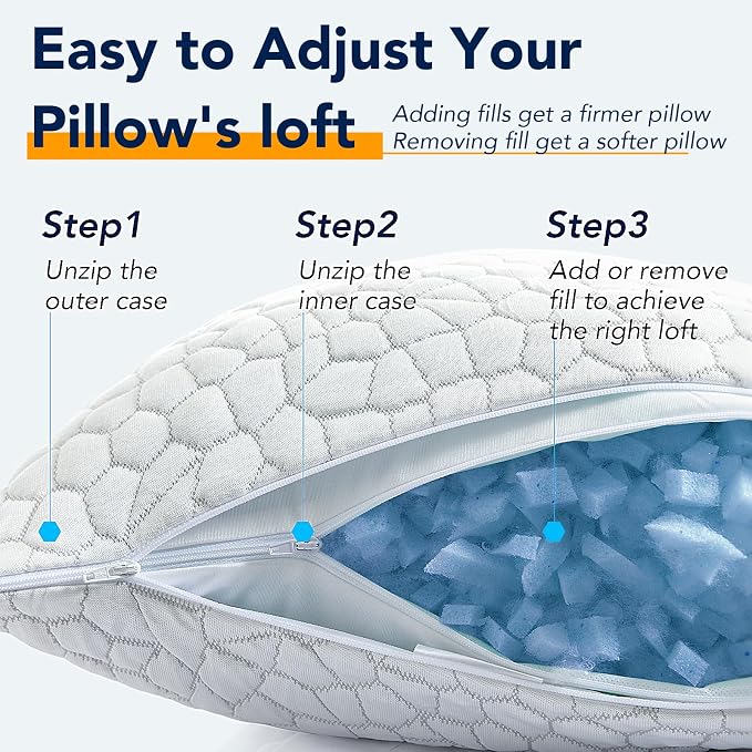 QUTOOL Cooling Pillow for Sleeping, CertiPUR-US Shredded Memory Foam Standard Pillows Set of 2,Cool Pillow for Hot Sleepers Adjustable Firm Pillow for Side,Back,Stomach Sleepers Soft Yet Support,White