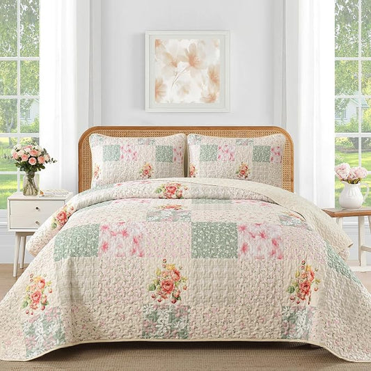 Mybedsoul Boho Quilt King Size, Patchwork Floral Bedding Set, Beige | Soft Lightweight Microfiber Floral Coverlet Set, 3 Pieces Plaid Reversible Bedspread, Bed Sets for All Seasons 90"x110"