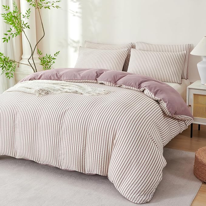 Comforter Set King Purple Soft Luxury Washed Microfiber Jacquard 3 Pieces Bedding, White Grayish Purple Vertical Ticking Stripes Pattern Comforter with 2 Pillowcases Breathable Durable Comfy
