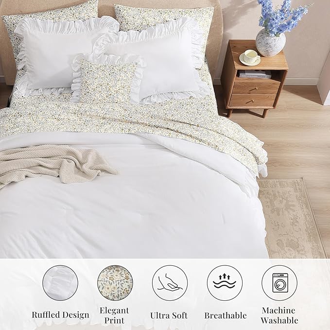 Full Size Comforter Sets-7 Pieces Ruffle Bedding Floral Sheet | White Bed in a Bag, Soft Lightweight All Season Farmhouse Full Size Bedding Sets with Floral Sheets, Pillowcases & Shams