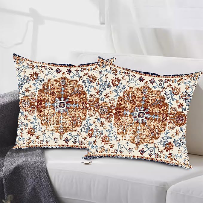 Outdoor Waterproof Pillow Covers - 20x20 Inch Set of 2 Bohemian Vintage Carpet Pattern Pillow Covers in Brown and Blue Ethnic Design for Decorative Farmhouse, Couch, Garden, Balcony