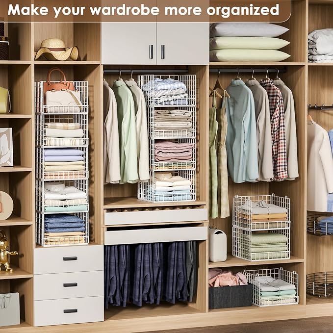 6-Tier Stackable Closet Organizers and Storage Baskets, Closet Shelf Organizer for Small Space, Space-Saving closet organizer system, Foldable Clothes Storage Bins for Closet Organizer System, White