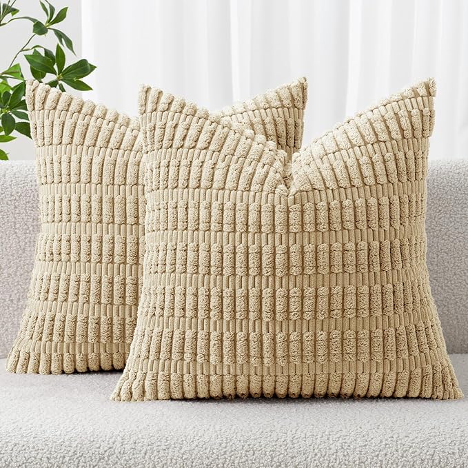 MIULEE Corduroy Decorative Throw Pillow Covers 18x18 Tan Pack of 2 | Soft Neutral Boho Striped Pillow Covers Modern Farmhouse Home Decor For Sofa Living Room Couch Bed