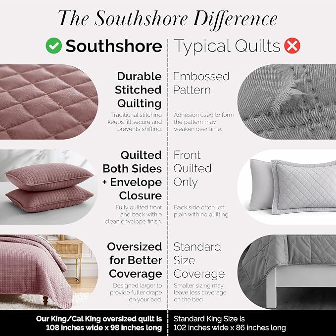 Southshore Fine Living, Inc. Oversized King Quilt Set, Lavender Quilt Bedspread King/California with 2 Matching Pillow Shams, Machine Washable Bedding, Soft & Cozy Coverlet, Lavender