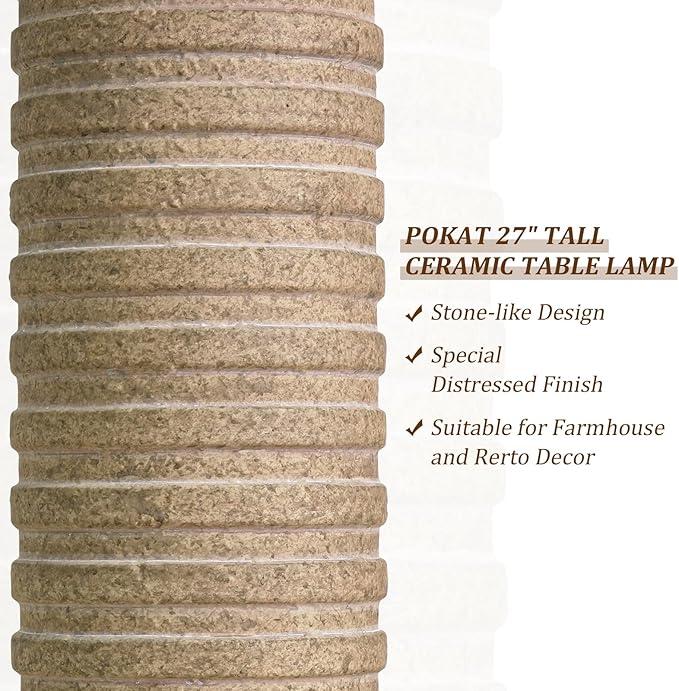 PoKat 27'' Farmhouse Table Lamps Set of 2 for Living Room, Stone Like | Bedside lamp for bedroom, boho and distressed style, hand-textured ceramic design, tall lamp decor for sideboard & entryway