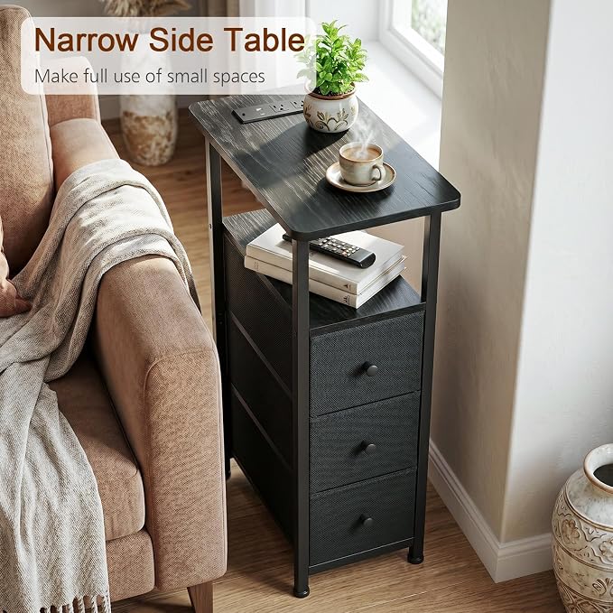LOAKEKEL Narrow End Table with Charging Station, Small Nightstand | Skinny Side Tables Living Room with 3 Fabric Drawers, Slim Bedside Table for Bedroom, Small Spaces, Couch, Black