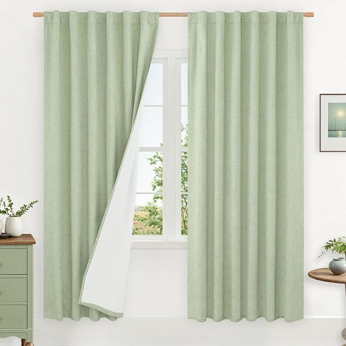 Light Green 100% Blackout Linen Curtains 80 Inches for Living Room | Thermal Bedroom Curtains, Privacy Protected, Neutral Drapes, Rod Pocket Back Tab, with White Liner, 2 Panels, 52 x 80 Inch