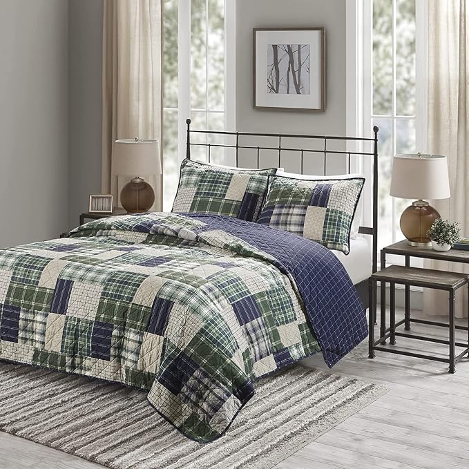 Madison Park Patchwork Farmhouse Green/Navy Queen Quilt Set, 3pc | Diamond Quilted, Reversible Coverlet Set, Plush Cotton Filled, Lightweight, Machine Washable, Easy Care, All-Season, Cozy
