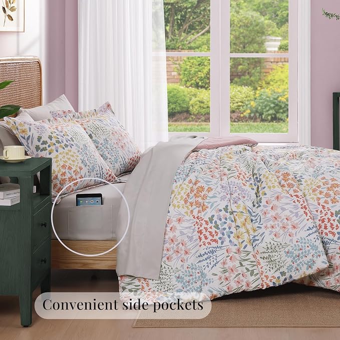 King Size Comforter Set - 7 Pieces Floral Bed in a Bag King Bedding Set | All Season Botanical Texture Flowers Comforter Set with Sheets, Pillowcases & Shams