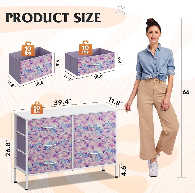 WLIVE 5 Drawer Fabric Dresser for Bedroom, Wide Storage Chest, Tie-dye | 5-drawer wide fabric dresser with steel frame, multipurpose bedroom living room hallway dorm closet storage organizer