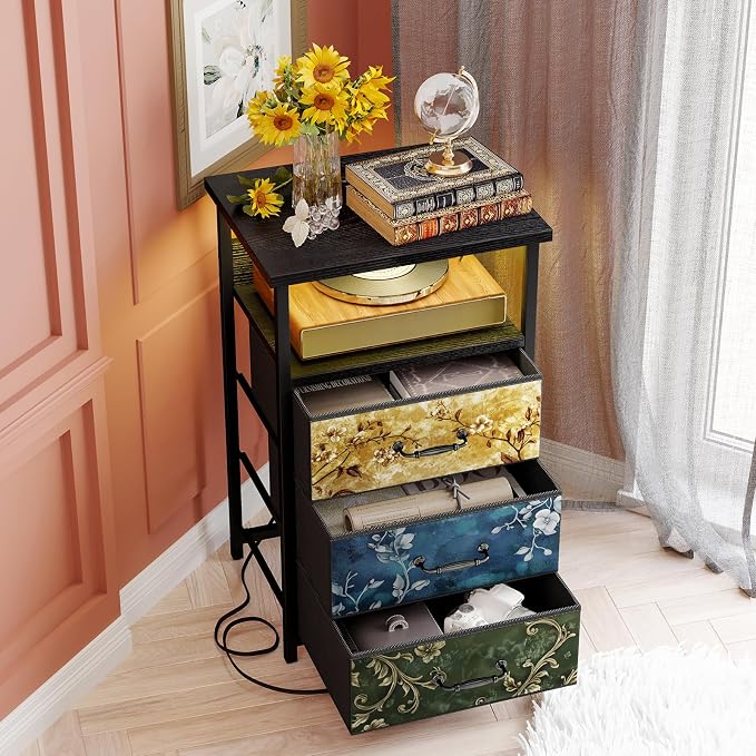 Fixwal Night Stand with 3 Fabric Drawers, Nightstand with Charging Station | vintage flower, led lights, built-in bedside charger, 2 AC outlets & 2 usb ports, 2 wooden shelves, bedroom furniture