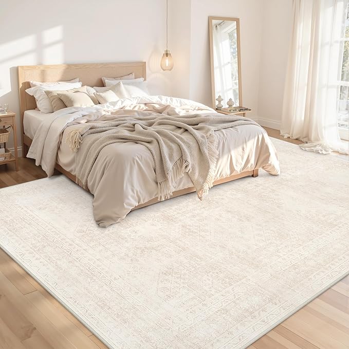 10x14 Area Rugs Living Room: Bedroom Neutral Washable Carpet Beige | Large Vintage Boho Indoor Decor Neutral Soft Nursery Farmhouse Dining Room Office Floor Non-Slip Low Pile Under Table Rug
