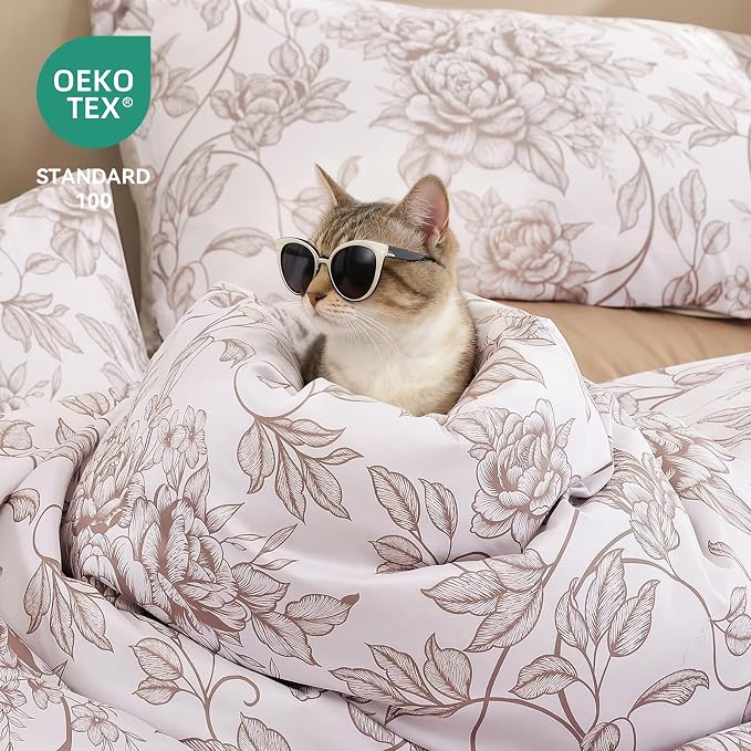 JANZAA Queen Size Comforter Set - Oatmeal Floral Shabby Chic Bedding | 3 Piece Cute Floral Bedding for All Season, 1 Soft Fluffy Breathable Microfiber Comforter Set with 2 Pillowcases