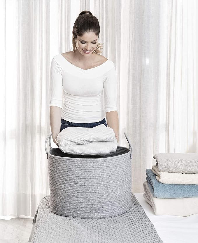 OrganiHaus Round Toy Basket & Blanket Basket, Cotton Rope 20x13" | Full Gray - Round Cotton Rope Basket, 20x13"