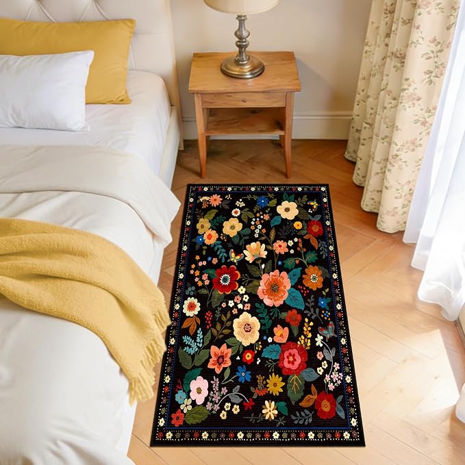 Floral Washable 2x4 Area Rugs Runner Entryway Hallway Black | Flower Carpet, Print, Boho, Non-Slip, Easy to Clean, Low Pile, Soft, for Living Room Bedroom Kitchen Office Entrance