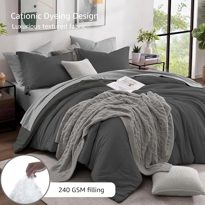 Monbix Oversized King Comforter Set 7 Pieces Dark Grey Bed in a Bag | Cationic Dyeing Reversible All Season Bedding Sets with Comforter, Sheets, Pillowcases & Shams