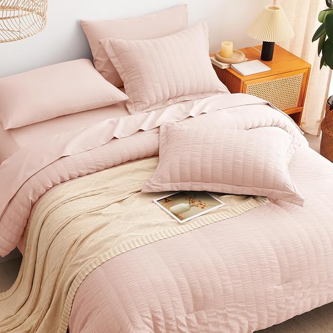 Oversized King Seersucker Comforter Set, Blush Pink, 120 x 98 in | OEKO-TEX Certified, 7 Pieces Bed in a Bag with 240 GSM Down Alternative Comforter, Flat & Fitted Sheets, Pillowcases & Shams