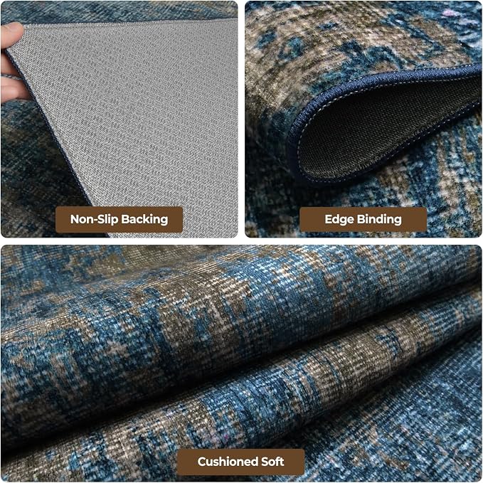 8x10 Washable Area Rug for Living Room,Bedroom,Dining Room,Nursery,Playroom | Ultra Soft,No Creases,Stain Resistant,Non-Slip,Non-Shedding,Machine Washable,Blue Brown Low Pile Carpet for Home Office Decor
