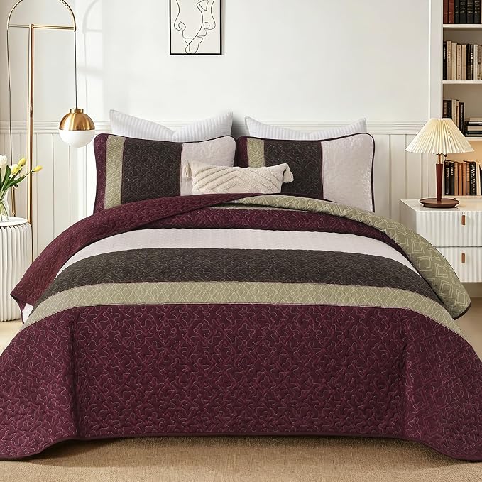 Cottolester King Size Quilt Set,Burgundy Striped Plaid Bedsperad Coverlet | Modern Boho Style,Striped Plaid Design,Ultra Soft Lightweight Microfiber Quilted Bedding Sets for All Seasons 110"x90"