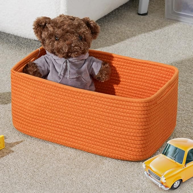 3 Pack Small Storage Baskets for Organizing, 11.8×7.8×5.1", Orange | Woven Baskets for shelves, Cotton Rope Basket for Gifts Empty, Closet Organizer Bins with Handles, Cube Decorative Box