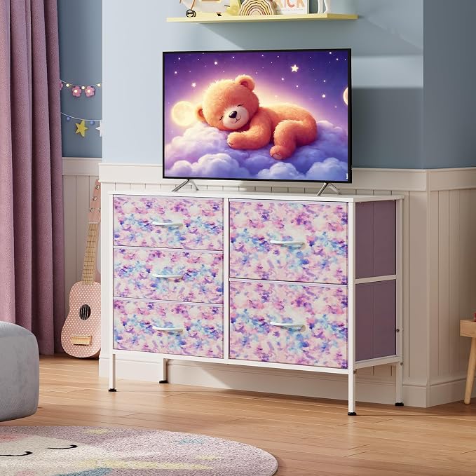 WLIVE 5 Drawer Fabric Dresser for Bedroom, Wide Storage Chest, Tie-dye | 5-drawer wide fabric dresser with steel frame, multipurpose bedroom living room hallway dorm closet storage organizer