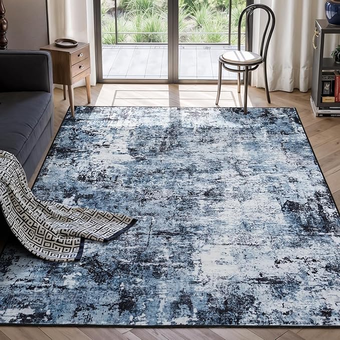 Rugflix 5x7 Area Rugs for Living Room, Washable Navy Blue Dark Large Rug | Machine Washable; Stain-Resistant; Low Pile; Non-Slip; Modern Abstract; Black Carpet for Bedroom Dining Office Nursery Home