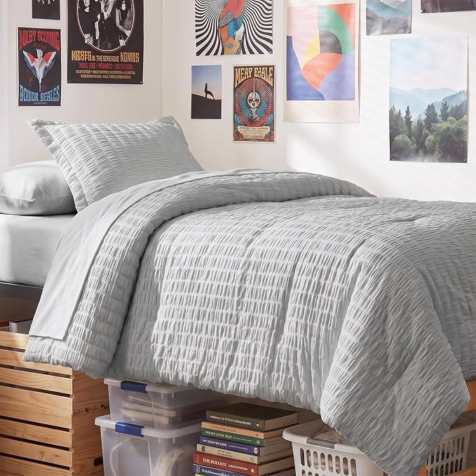 Twin XL Comforter Set, 5 Pieces Light Grey Seersucker Bed in a Bag | OEKO-TEX Certified, College Dorm Twin Extra Long, 240 GSM Down Alternative Comforter, Flat & Fitted Sheets, Pillowcase & Sham
