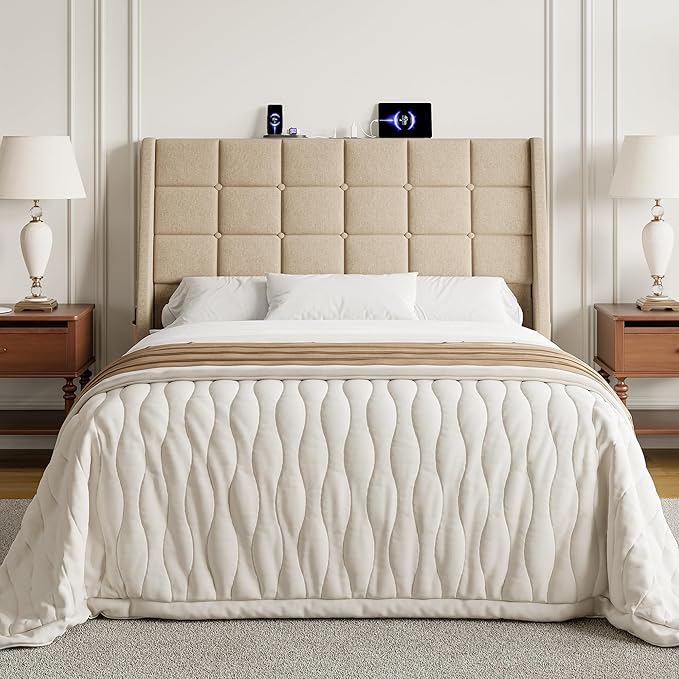 Full Size Headboard with Charging Station, Wingback Ergonomic Headboards | Wingback Upholstered Bed Head Board with Storage Pocket, Sturdy Stable Solid Wood Headboard Only, Bed Frame Adapters, Beige