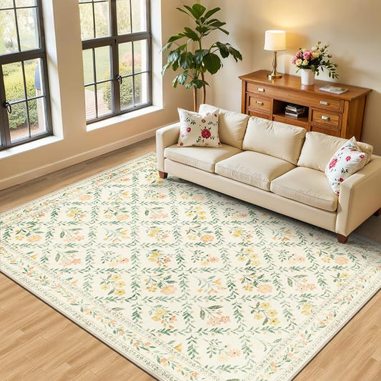 PLHXFR Area Rug Living Room: 5x7 Floral Washable Boho Carpet Beige Multi | For Bedroom Dining Room Farmhouse Nursery Hallway,Vintage Floral,Machine washable,Non Slip,Stain Resistant,Large Indoor
