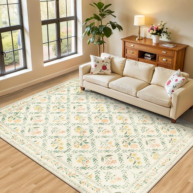 PLHXFR Area Rug Living Room: 4x6 Floral Washable Boho Carpet Beige Multi | For Bedroom Dining Room Farmhouse Nursery Hallway,Vintage Floral,Machine washable,Non Slip,Stain Resistant,Large Indoor
