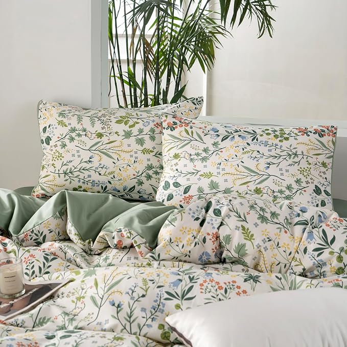 Floral Comforter Set Queen Soft Bedding Comforter Set 3 Pieces Garden Style Green Red Flower Print Botanical Flowers Comforter Set for All Seasons 1 Comforter and 2 Pillowcases (Floral, Queen)