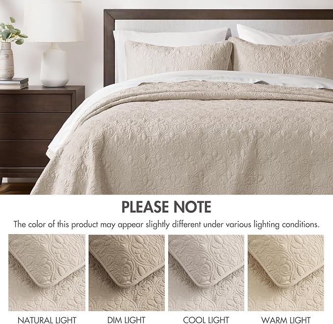 Madison Park Luxurious Cotton Damask Quilt Set, 3PC Full/Queen Bed Set | All Season, Lightweight Stitching Coverlet Bedspread Bedding Stitching with Shams, Cream
