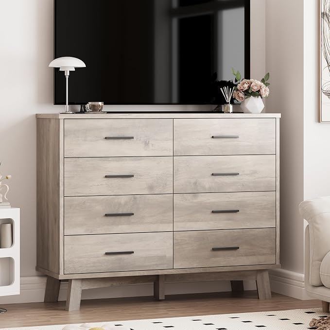 Xixini Dresser for Bedroom, 8 Drawer Wide Modern Chest of Drawers with X-Shaped Sturdy Base, Wood Double Dresser Closet Clothes Storage Organizer, Wooden TV Stand for Living Room, Hallway, Grey