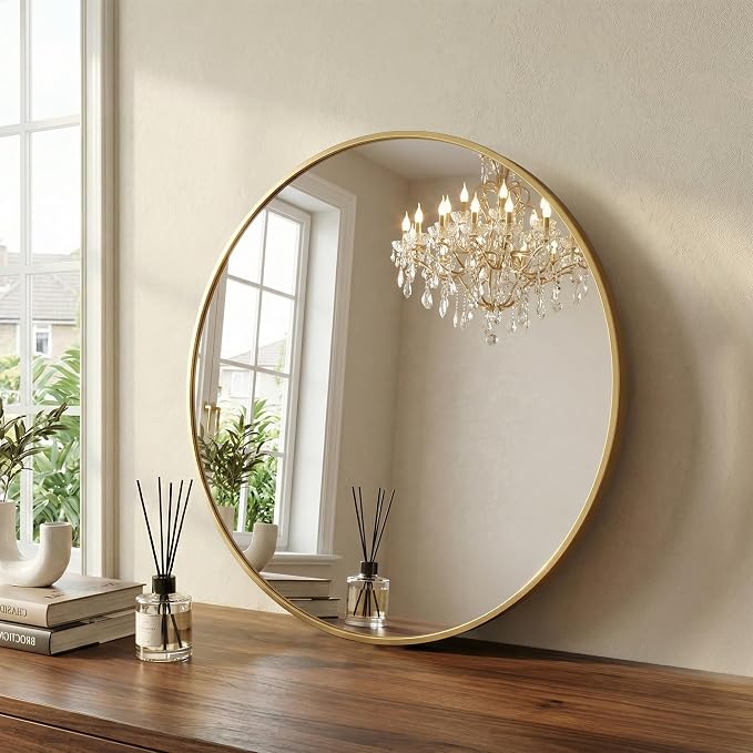 Sweetcrispy Round Bathroom Wall Mirror, Vanity Mirror, 30 Inch | Matte Metal Frame, Wall Mounted, Over Sink, Entryway Decor, Bedroom Decor, Gold