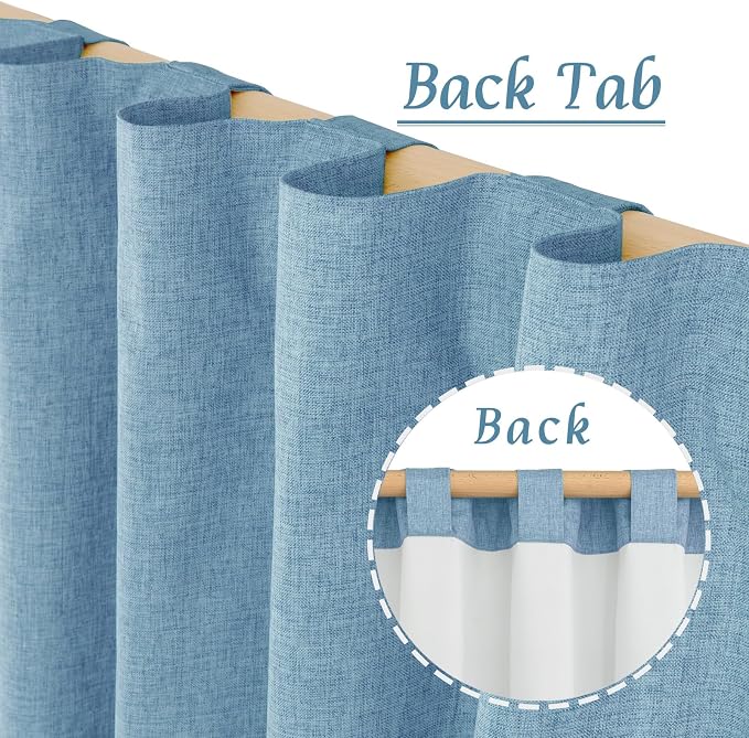 Full Blackout Linen Bedroom Curtains 54 Inch 2 Panels, Blue | Thermal Insulated, Privacy Protected, Farmhouse Curtains, Neutral Panels, with White Liner, Rod Pocket Back Tab, 52 x 54 Inch