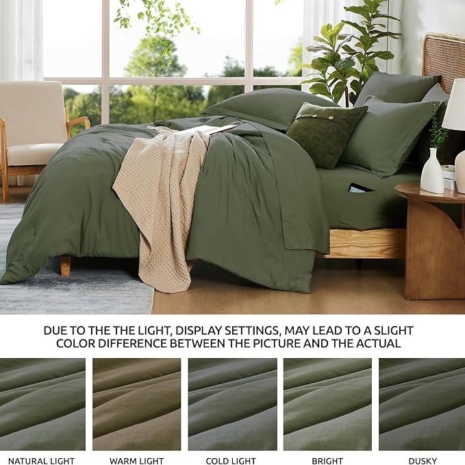 Oversized King Size Comforter Set- 7 Pieces Bed in a Bag King Bedding Sets | Prewashed All Season Comforter with Sheets, Pillow Shams & Pillowcases,Olive Green