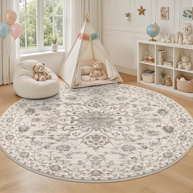 Round Area Rug for Living Room: 4ft Boho Washable Rug Brown Beige | Vintage Boho Soft Round Rug Indoor Floor No Slip Carpet Stain Resistant Rugs for Bedroom Dining Room Nursery Home Office
