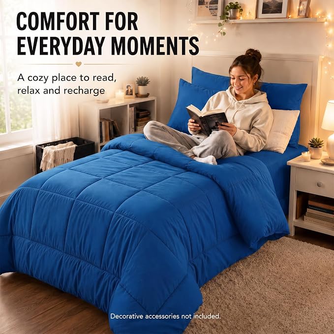 Twin XL Comforter Set Classic Blue - 5 Pieces Twin XL Bed in a Bag | College Dorm Essentials, OEKO-TEX Certified, All Season, Down-Alternative Comforter + Flat & Fitted Sheets + 2 Pillowcases