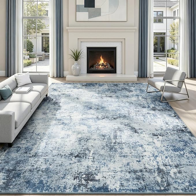 Rugflix 8x10 Area Rugs for Living Room, Washable Light Blue Grey Large Rug | Machine Washable; Stain-Resistant; Low Pile; Non-Slip; Modern Abstract; Black Carpet for Bedroom Dining Office Nursery Home
