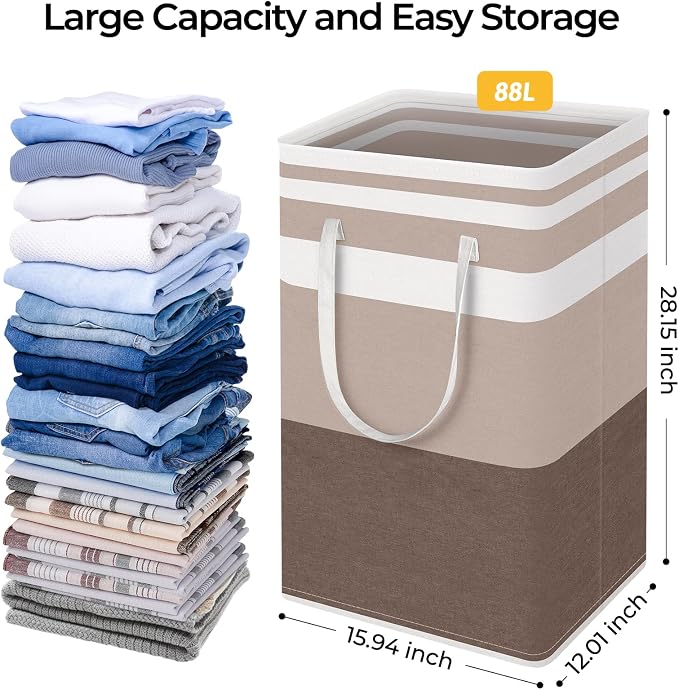 HomeHacks 2 Pack Large Laundry Baskets, Laundry Hampers Bags (Khaki 88Lx2) | Waterproof, Freestanding, Collapsible Clothes Hamper with Reinforced Handles in Laundry Room, Dorm, Bathroom, Bedroom