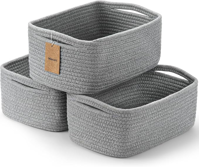 3 Pack Small Storage Baskets for Organizing, 11.8×7.8×5.1", Grey | Woven Baskets for shelves, Cotton Rope Basket for Gifts Empty, Closet Organizer Bins with Handles, Cube Decorative Box