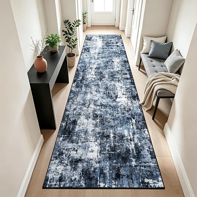 Rugflix 2'6"x10' Runner Rug for Hallway, Washable Navy Blue Long Runners | Machine Washable; Stain-resistant; Low Pile; Non-slip; Modern Abstract; Black Carpet for Entrance Kitchen Hallway Home